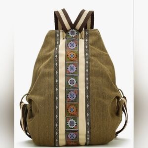 Stylish Green Canvas Backpack with Embroidered Design